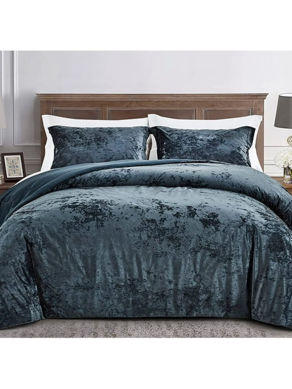 Plush Velvet Comforter Set in Slate Blue king 3 piece comforter set